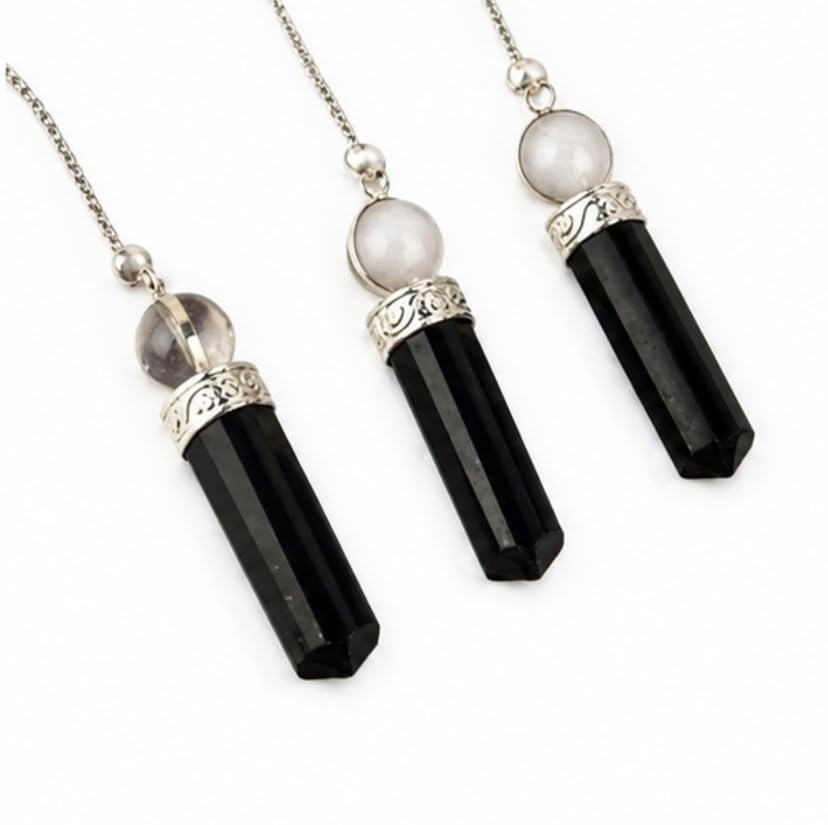 CRYSTALMIRACLE 3 Quartz Black Tourmaline Gemstone Pendant Pendulums Dowser Healing Crystals, Divination Gemstone Pendulum Crystal Reiki Feng Shui, Meditation, Gift for Men Women