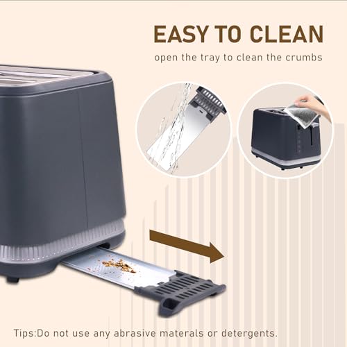 Image of Stainless Steel Toaster 2 Slices, Toasters Wide Slot, Bread Toaster with Cancel, Reheat, Defrost Function, Bagel Toasters with Removable Tray & 6 Temperature Settings, LED Display, Grey
