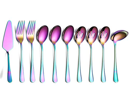 Comparison: Best Rainbow Stainless Steel Cookware 8 Rainbow 10-Piece Serving Flatware Set - Stainless Steel Silverware with Slotted Spoon, Cake Server, Fork, Soup Ladle