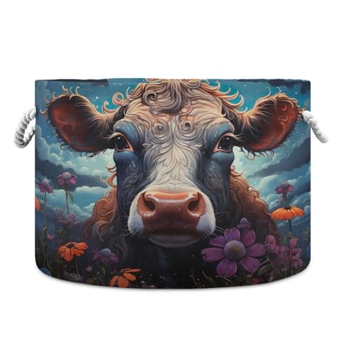 Round Cute Cow Flower Storage Basket Large Organizer Bin Laundry Hamper Toy Storage Basket with Handle for Nursery Clothes Toys 202b4039