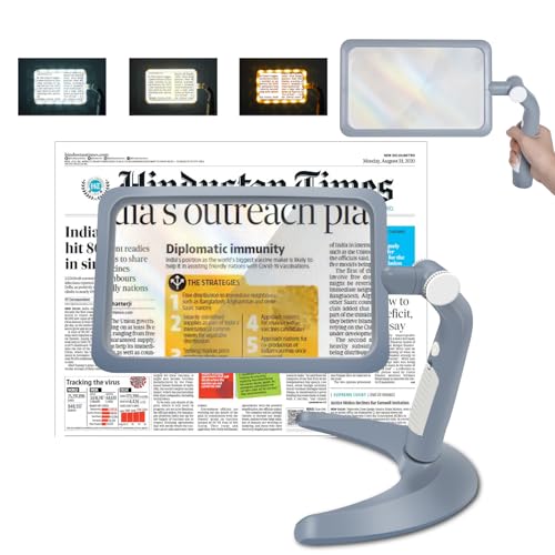 Magnifying Glass with Light and Stand, 5X Lighted Page Magnifier with 48 LED & 3 Light Modes Large Magnifying Glass Hands Free for Seniors Reading, Close Work (Grey)