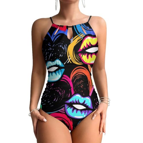 Swimsuit une pièce femme à motif lèvres et maillot de bain plage extensible