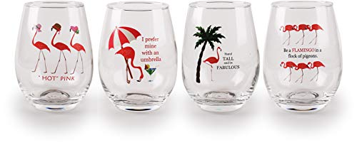 Circleware Flamingo Fun Stemless Wine Glasses Set, Party Entertainment Dining Beverage Drinking Glassware Cups for Water, Liquor, Whiskey, Beer, Juice and Farmhouse Decor Gifts, 4 Count (Pack of 1)