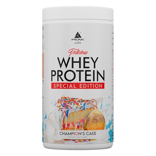 PEAK Delicious Whey Protein - Special Edition - 450g Geschmack Champions/Birthday Cake I 15 Portionen I ohne Zuckerzusatz I reich an BCAAs & EAAs I zum Muskelaufbau I mit Verdauungsenzym Laktase