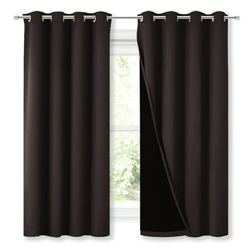 Image of NICETOWN Extra Long Truly Blackout Drapes for Hall and Villa, 46-inch Width Each Panel, 45-inch Length, Brown, 2 Pieces, 100% Blackout Window Curtain Panels with Black Lined for Night Shift Worker