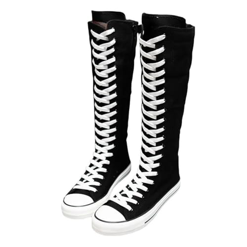 Womens Canvas Boots Lace Up Knee High Platform Boots for Women Comfort Sneakers Canvas Shoes with Side Zipper (Black W Adult Women 8.5 Numeric US Footwear Size System Medium)