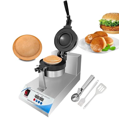 Prensa comercial para sándwiches de helado con placas giratorias y control digital de temperatura, ideal para cafeterías y puestos de comida rápida. Incluye cuchara para helado.