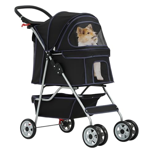 BestPet 4-Wheel Pet Stroller Dog and Cat Stroller Breathable Mesh Lightweight Travel Carrier Waterproof & Foldable Design Storage Basket for Daily Walks & Outdoor UseBlack