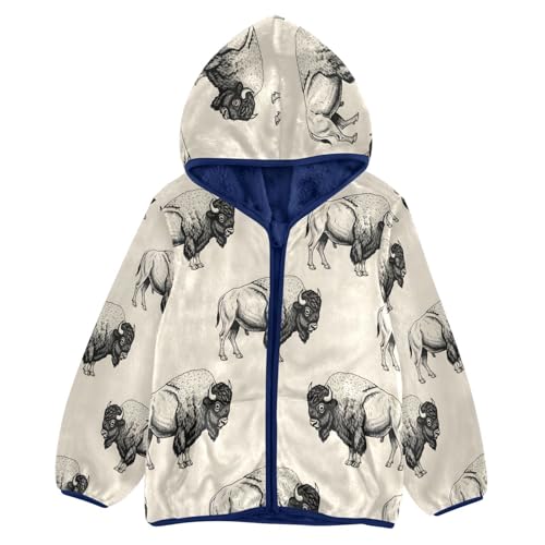 Bison Pattern Print on Cream Toddler Fleece Jacket Girl Boys Hooded Fleece Jacket Coat Warm Outwear Zip-up 3-10T