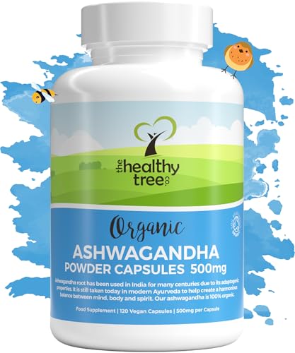 Organic Ashwagandha Capsules by TheHealthyTree Company - Vegan, 100% Natural Ayurvedic Adaptogenic Herb for Mind, Body and Spirit - 120 x 500mg Ashwagandha Root Tablets