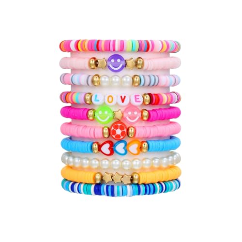 UCLEVER Lot de 10 bracelets d'amitié pour femme avec perles d'argile colorées empilables - LOVE Bracelet extensible bohème pour l'été, la plage, taille unique, Argile, Pas de gemme