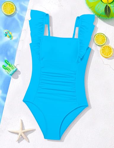 Image of NECIOUS Girls Swimsuit Ruffle Adjustable Straps One Piece Bathing Suit Solid Color Ruched Girls' Swimwear 9-16Y