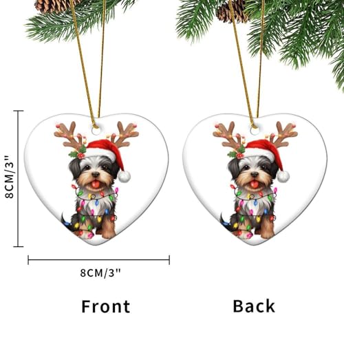 Biewer Terrier mit Geweih Christbaumschmuck Hund Rasse Hund Kind Tier Herz Porzellan Anhänger Keramik Porzellan Hängende Weihnachtskugel Geschenk für Xmas Party Dekorationen