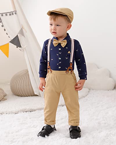 Yallet Baby Boy Clothes Set Infant Tuxedo Long Sleeve Gentleman Suit Outfits + Beret Hat + Suspender Pants + Bowtie 0-18M #TOP2