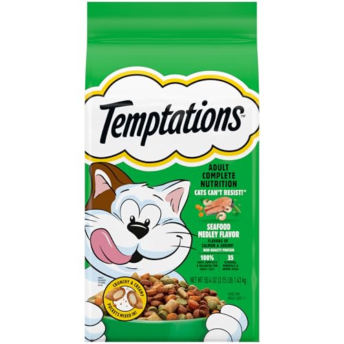 P L-RA Tempttations Seafood Medley Flavor Crunchy Dry Cat Food, 35 Vitamins, Minerals, and Amino Acids, Balanced Nutrition, 3.15 Lb Bag