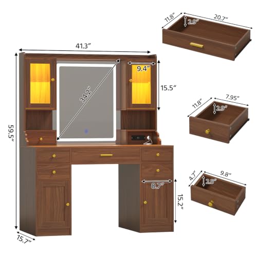 Image of Vanity Desk with LED Mirror and Lights, Makeup Vanity with RGB Cabinets | Vanity Table with Charging Station and 6 Storage Drawers, Adjustable 3 Mode Mirror Lights, Bedroom Dressing Table for Women