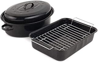 Russell Hobbs COMBO-1922 Vitreous Enamel Roaster with Rack & Self Basting Roaster Tin with Lid, Ovenware, Resistant to Staining and Colouring Roasting Tray Tin for Baking/Roasting, Black