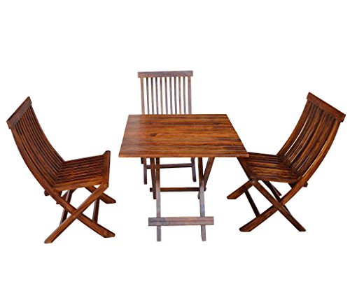 Custom Decor Bistro Square Set Folding Table & Chair Dining Rattan Wicker Outdoor Furniture Seat, 5PC - Brown Honey Teak