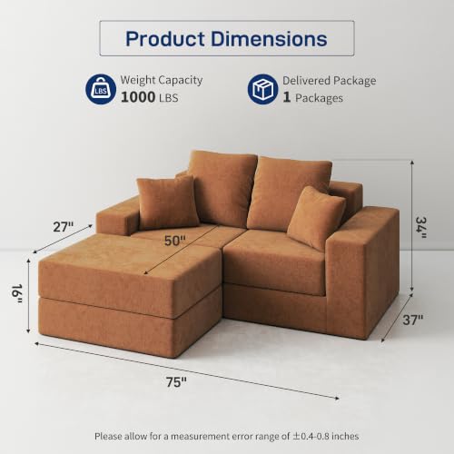Image of Cloud Modular Sectional Sofa, Comfy Boneless Couch for Living Room, Modern L-Shaped Couch with Reversible Chaise, Customizable Sleeper Sofa with Non Slip, No Assembly & Deep Seat, Orange