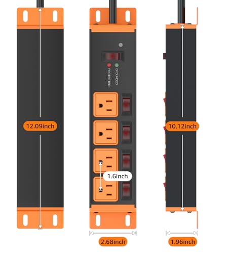 Image of CCCEI Heavy Duty Surge Protector, 20A Individual Switches, Orange, 6FT, 1 | 12 Gauge Grounded Extension Cord with Multiple Outlets, Wall Mount Power Strip for Garage, Plug Extender.