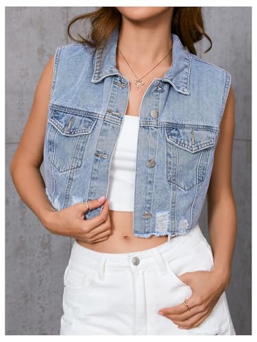 Verdusa Women's Ripped Raw Hem Sleeveless Button Up Crop Denim Vest Jean Outerwear3