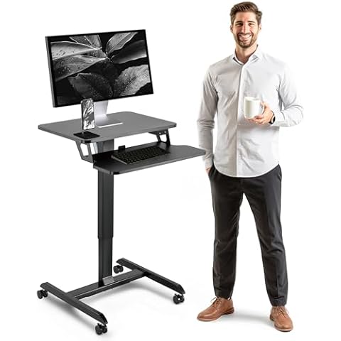 OCOMMO Automatic Height Adjustable Mobile Workstation with Keyboard Tray, Sit to Stand Up Tabletop Computer and Monitor Desk for Home Office or Office Desk (Black Small) Cover