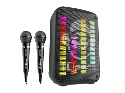 Karaoke con 2 micrófonos inalámbricos - Altavoz Bluetooth portátil - Tamaño 35 cm - Batería Recargable de Larga duración - con Luces LED de Discoteca - para Fiestas - Conexión a Internet sin Cable