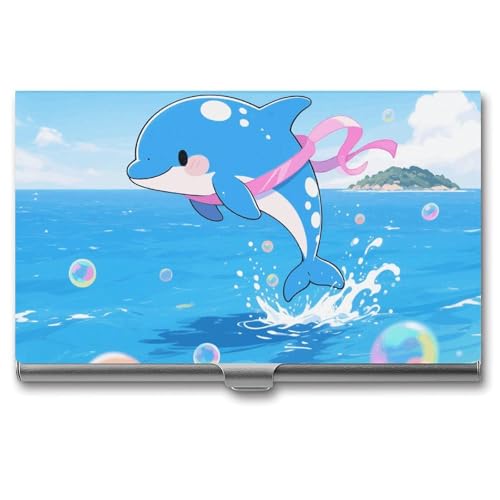 Slim Business Card Case for Men & Women, Pocket Metal Case, Blue Dolphin Professional Aluminum Alloy Business Card Holders, Stylish Purse Name Cards Holder, Buckle Style Shut