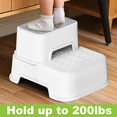 Two Step Stool For Kids, Double Up Toddler Step Stool For Potty Training, Kitchen, Bathroom, Toilet Stool With Anti-Slip Strips For Safety, Stackable, Wide Step (2 Packs White) #TOP2