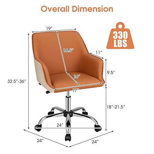 Giantex Home Office Desk Chair, Upholstered Pu Leather Task Chair W/Arms & Adjustable Height, Mid-Back Swivel Rolling Desk Chair For Bedroom Study Office, Orange & Beige #TOP1