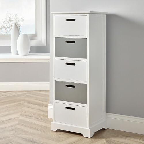 Home Source Chest, Wooden Home Storage Organiser, White and Grey Tallboy, 5 Drawer