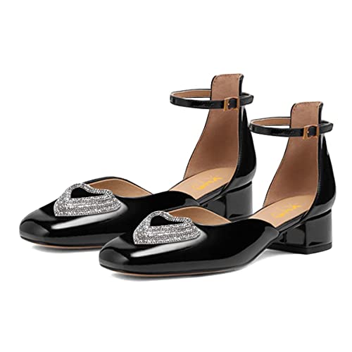 XYD Women Square Closed Toe Chunky Flats Shimmer Heart Shaped Rhinestone Decor D'Orsay Classic Slim Ankle Strap Girls Low Heel Dress Party Casual Shoes4