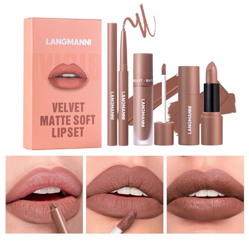 3 in 1 Matte Samt-Lippenstift-Set, 3Pcs Matte Lippenstift + Matte Flüssig-Lippenstift + Lip Liner Set, Samtiger Lippenstift Lang anhaltender Lipgloss Make Up Geschenkset (#03, 1er-Packung)
