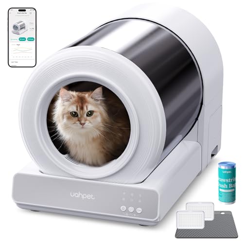 uahpet Stainless Steel Self Cleaning Cat Litter Box, Automatic Cat Litter Box with APP Control, Lower Entry, Safety Sensors Includes Mat & Trash Bags