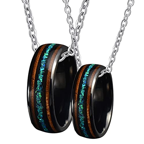 Collar para pareja de tungsteno negro de 8 mm con colgante de ópalo y anillo de madera para hombre