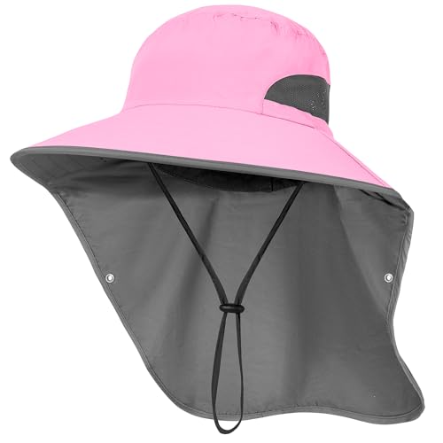 Outdoor Sun Hat Detachable Neck Face Flap UPF 50+UV Protection Visor Fishing Hats with Neck Flap for Men & Women Pink