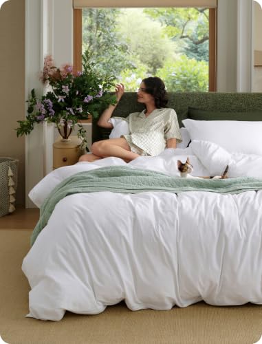 Image of Bedsure 100% Washed Cotton Duvet Cover King - Bright White Minimalist Duvet Cover Linen Like for All Seasons - GentleSoft Plain Simple Cotton Bedding, 3 Pieces (Bright White, King, 104 inchx90 inch)