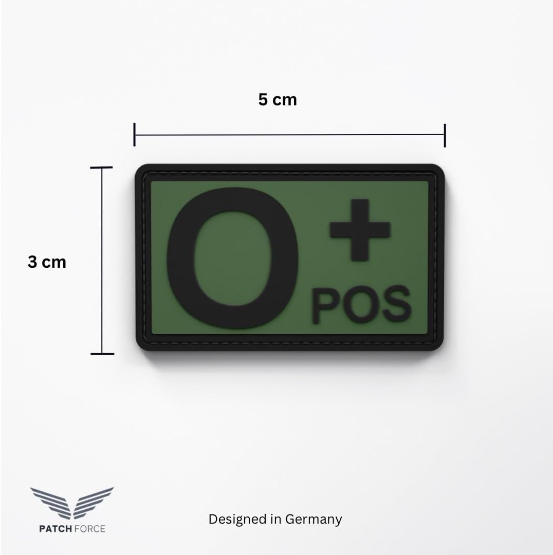 1 x 5 cm x 3 cm Olive 0+ Blood Group Tactical Rubber PVC Velcro Patch for German Armed Forces, Police, Fire Brigade & Military