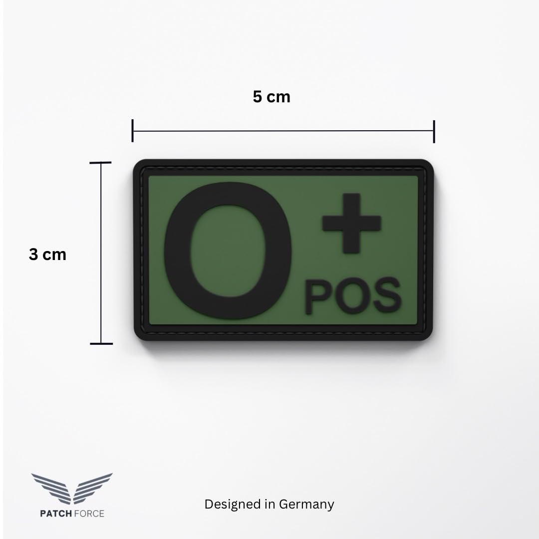 Patch Force - 1 x 5 cm x 3 cm Olive 0+ Blood Group Tactical Rubber PVC Velcro Patch for German Armed Forces, Police, Fire Brigade & Military