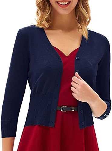 GRACE KARIN Women's Cropped Cardigan 3/4 Sleeve V-Neck Button Down Open Front Ribbed Knit Shrug Sweater Navy Blue