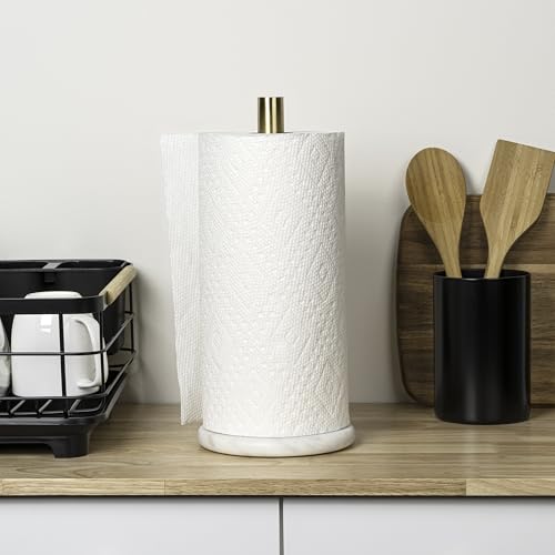 happimess PRH2000D Avery Modern Classic Metal with Non Slip Weighted Marble Base Paper Towel Holder, for Bathroom Kitchen Countertop, Standard or Jumbo-Sized Roll Paper, White/Gold by happimess - Image 2