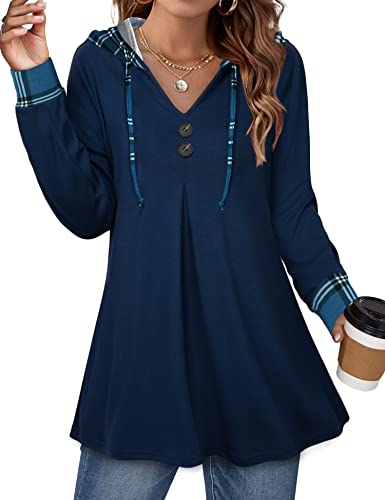 Image of Lotusmile Women's Long Sleeve Hooded Tunic Tops Button Swing Pullover Hoodie Sweatshirts