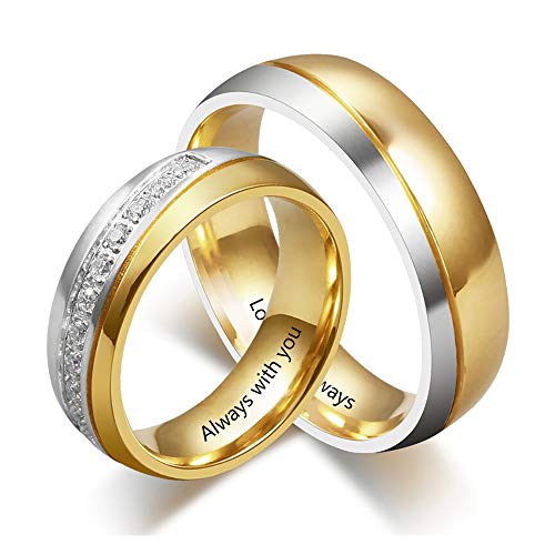 Personalized Couples Rings Set for Him and Her Promise Rings for Couples Free Engraving Stainless Steel Engagement Rings for Couples Valentines Day Jewelry (Gold-(couple ring set))