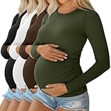 Ficerd 4 Pack Women's Maternity Shirts Cotton Long Sleeve Ribbed Crew Neck Pregnancy Tops Side Ruched Casual Mama Clothes(Black. White, Coffee, Army Green,Large)