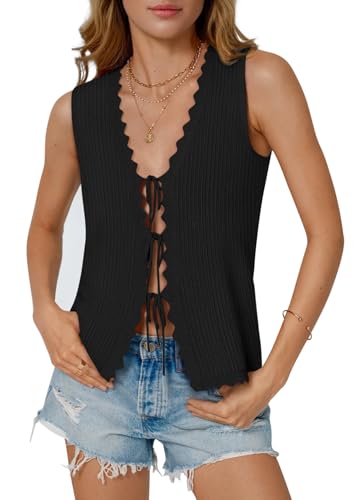 Image of COCCKO Womens Summer Tops Vacation Beach Outfits Cute Tie Front Crochet Vest Knit Sleeveless Sweaters