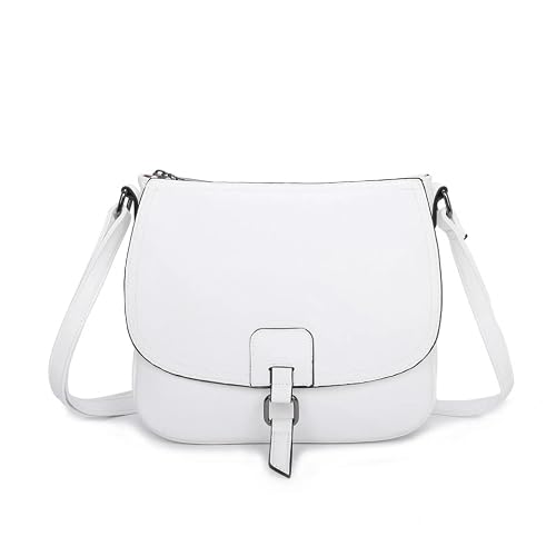 Image of Leeray® Women Crossbody Satchel Handbag with Full Flap - White - Adjustable Long Strap, Zip Closure, Faux Leather Shoulder Bag for Casual & Travel Use