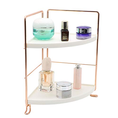 2-Tier Bathroom Countertop Organizer Stackable Makeup Storage Holder Vanity Tray Cosmetic Rack Standing Kitchen Spice Rack Corner Storage Shelf, Easy to Assemble, Rose Gold Fashion Design