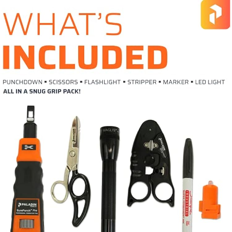 Paladin Tools PA4941 DataComm Technicians Kit | Data SureStrip Cutter, Datacomm Scissors, Punchdown Tool, Reversible 110/66 Blade, GripPack Holster, LED Light, Marker (Pro Grade)