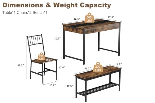 GarveeHome Dining Table Set for 4, Small Kitchen Table and 2 Chairs for 4 with Bench, Space Saving Kitchen Table Set with Storage Rack & Drawers, Breakfast Nook Rectangular Farmhouse Table Set,Retror
