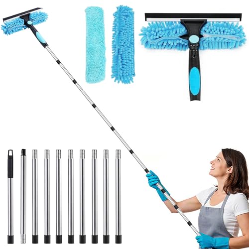 Pulitore finestra con asta telescopica, 4,5 m, 2 in 1, set di pulizia per finestre, asta telescopica per finestre, lavavetri con manico telescopico, per bagno, doccia, vetro, specchio, auto